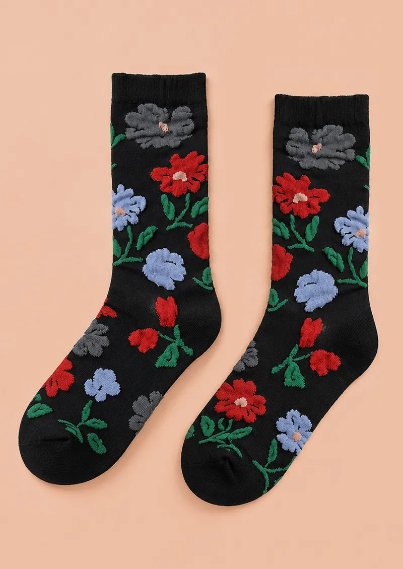 Black Garden Floral Crew Socks