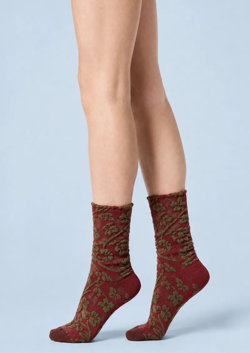 Burgundy printed Crew Socks with olive green vine flowers and brown toes