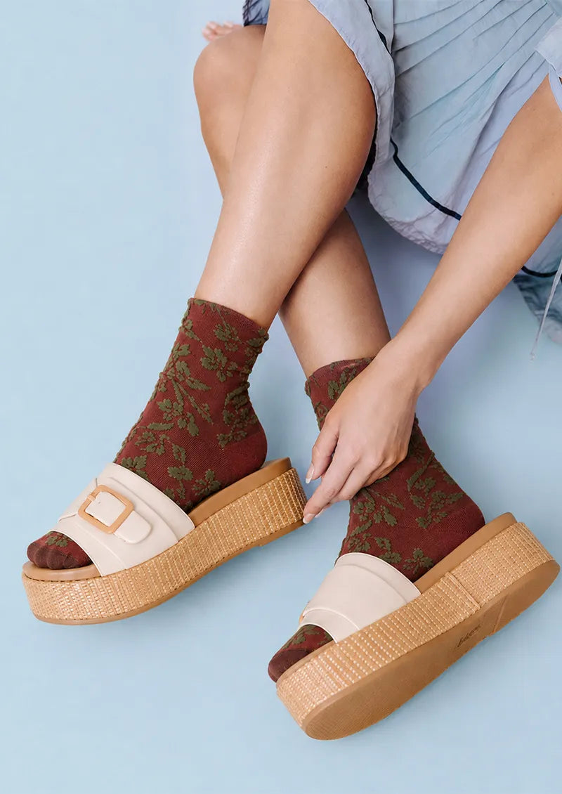 Burgundy Vine Floral Crew Socks