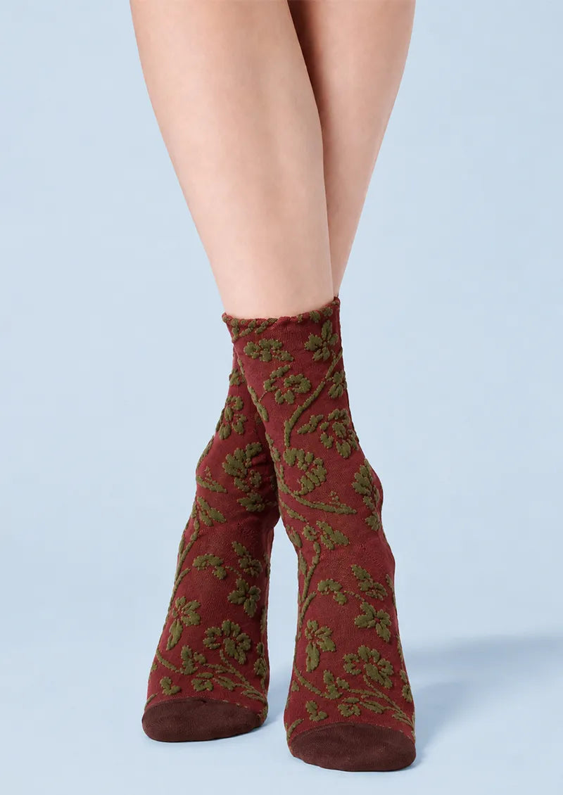 Burgundy Vine Floral Crew Socks