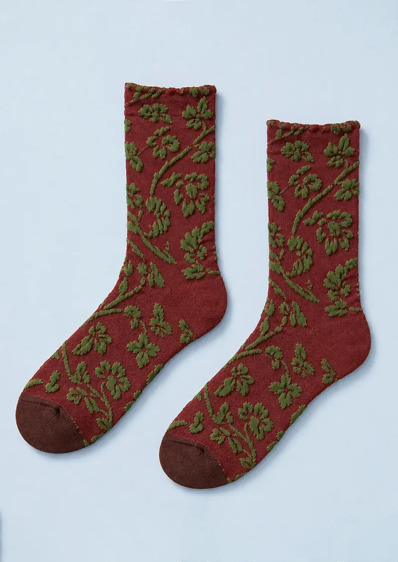 Burgundy Vine Floral Crew Socks