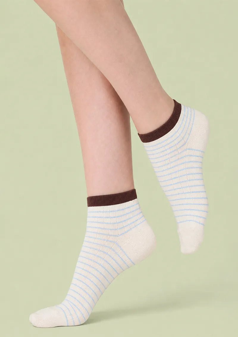 Ivory Blue Stripe Brown Cuff Low-Cut Socks
