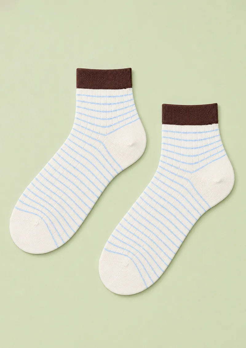 Ivory Blue Stripe Brown Cuff Low-Cut Socks
