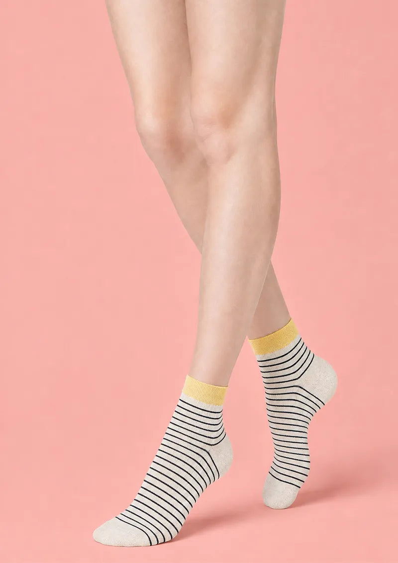 Gray printed Crew Socks with navy stripes and a yellow cuff