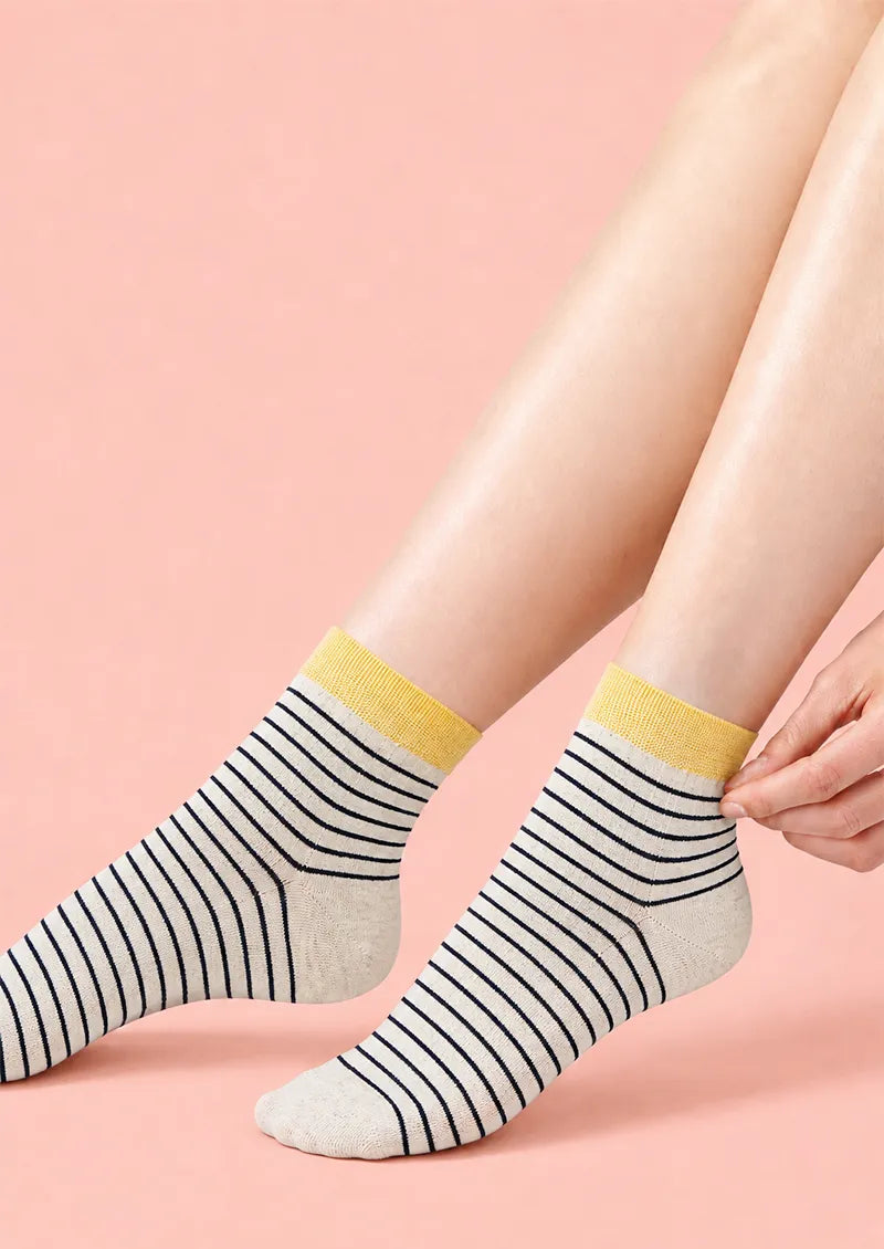 Gray Navy Stripe Yellow Cuff Low-Cut Socks