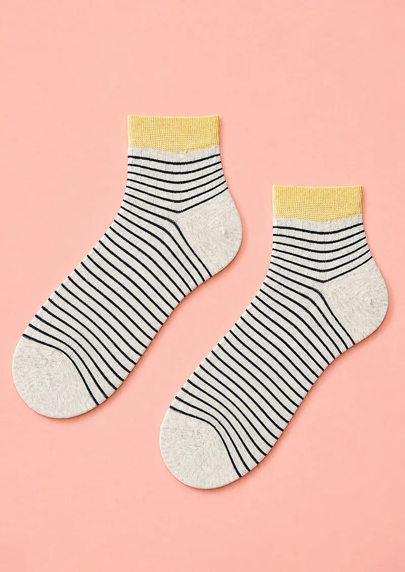 Gray Navy Stripe Yellow Cuff Low-Cut Socks