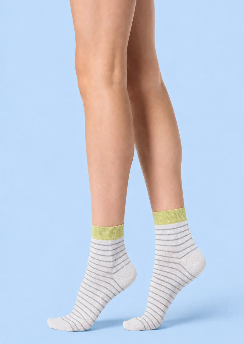 Gray printed Crew Socks with fine gray stripes and a green cuff