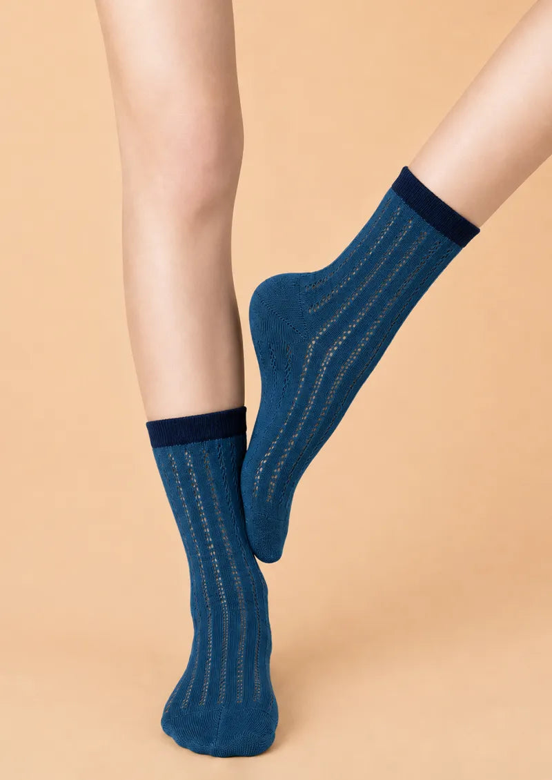 Blue printed Crew Socks with navy cuff and vertical openwork stripe pattern