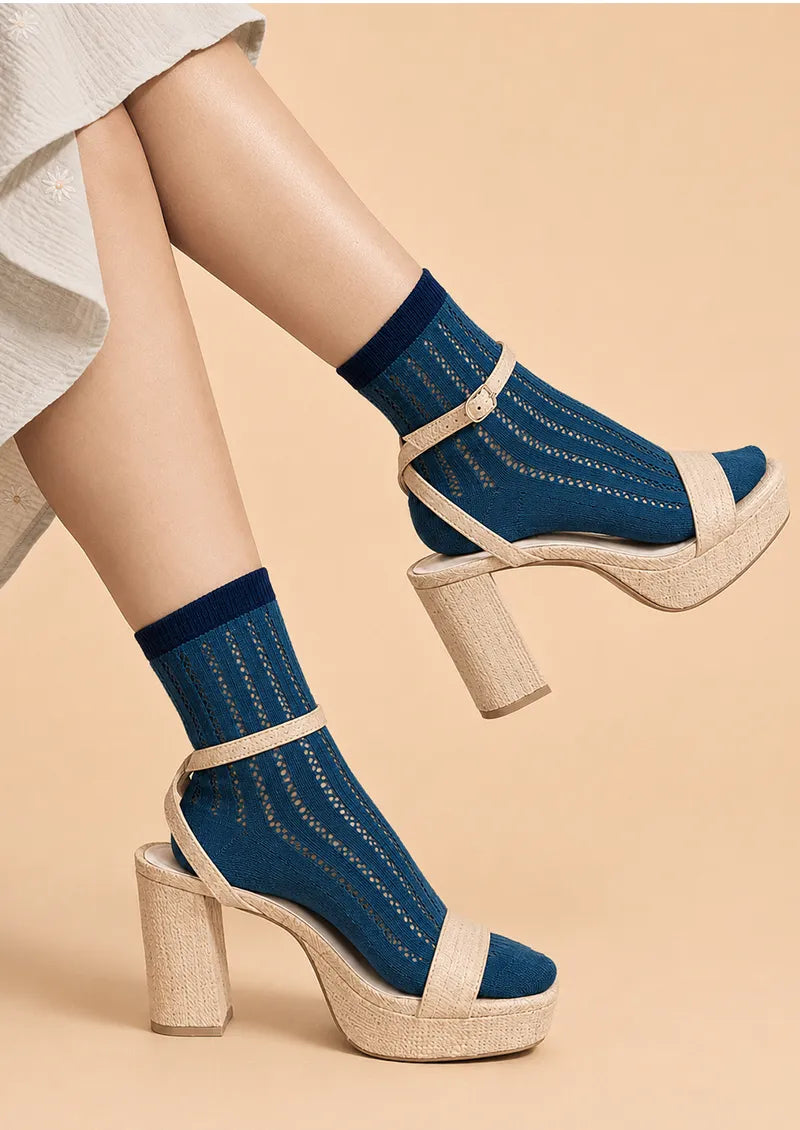 Blue Navy Cuff Ribbed Openwork Crew Socks
