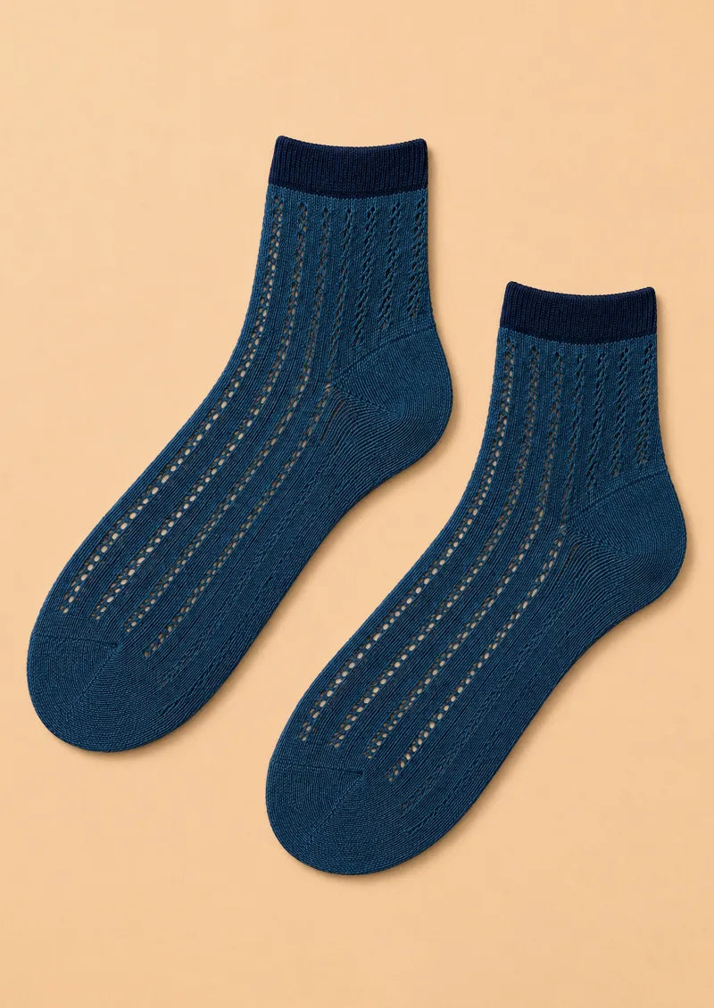 Blue Navy Cuff Ribbed Openwork Crew Socks