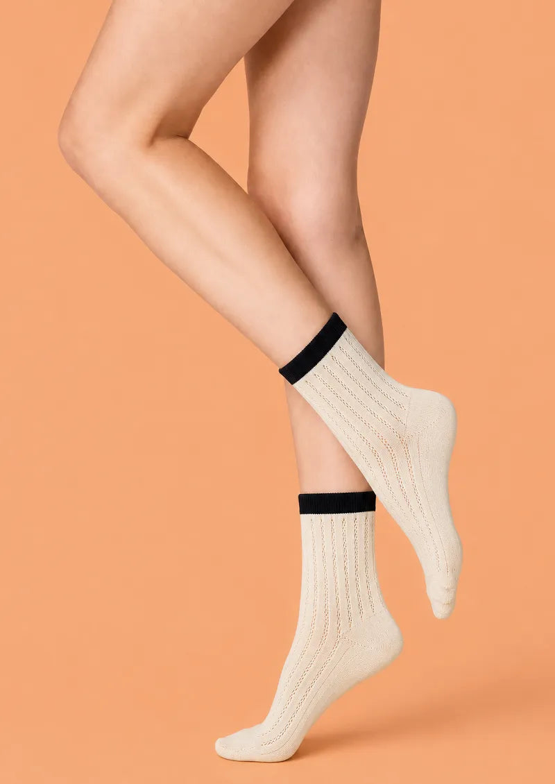 Ivory printed Crew Socks with black cuff and vertical openwork stripe pattern