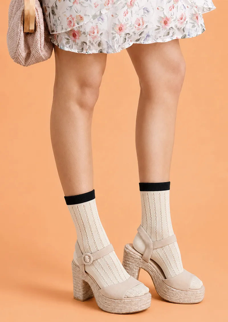Ivory Black Cuff Ribbed Openwork Crew Socks