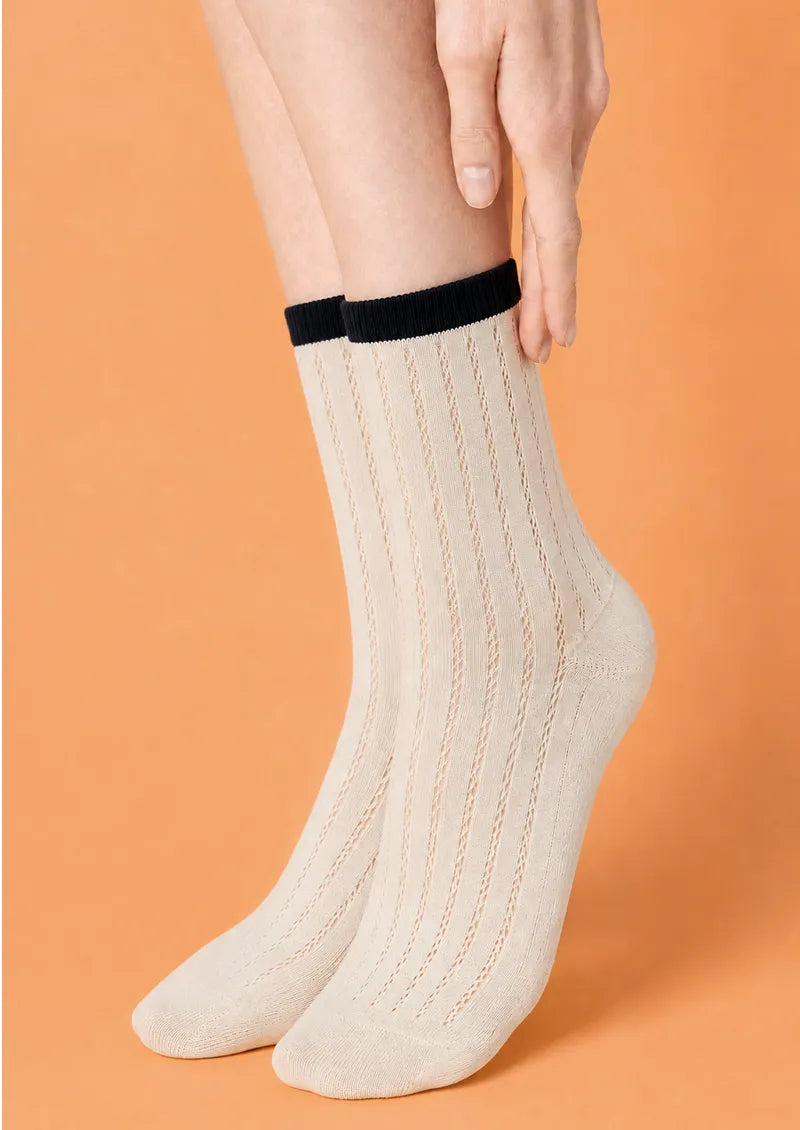 Ivory Black Cuff Ribbed Openwork Crew Socks