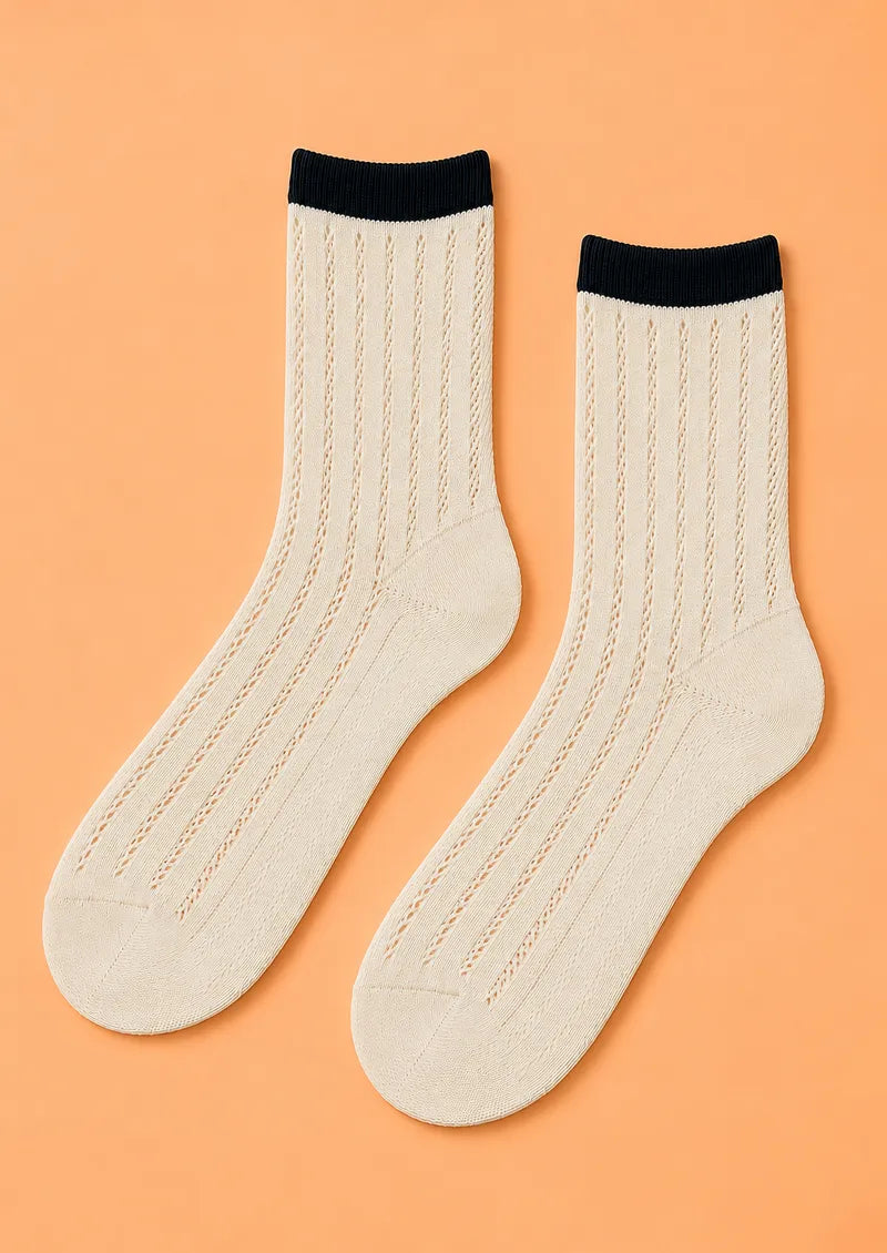 Ivory Black Cuff Ribbed Openwork Crew Socks