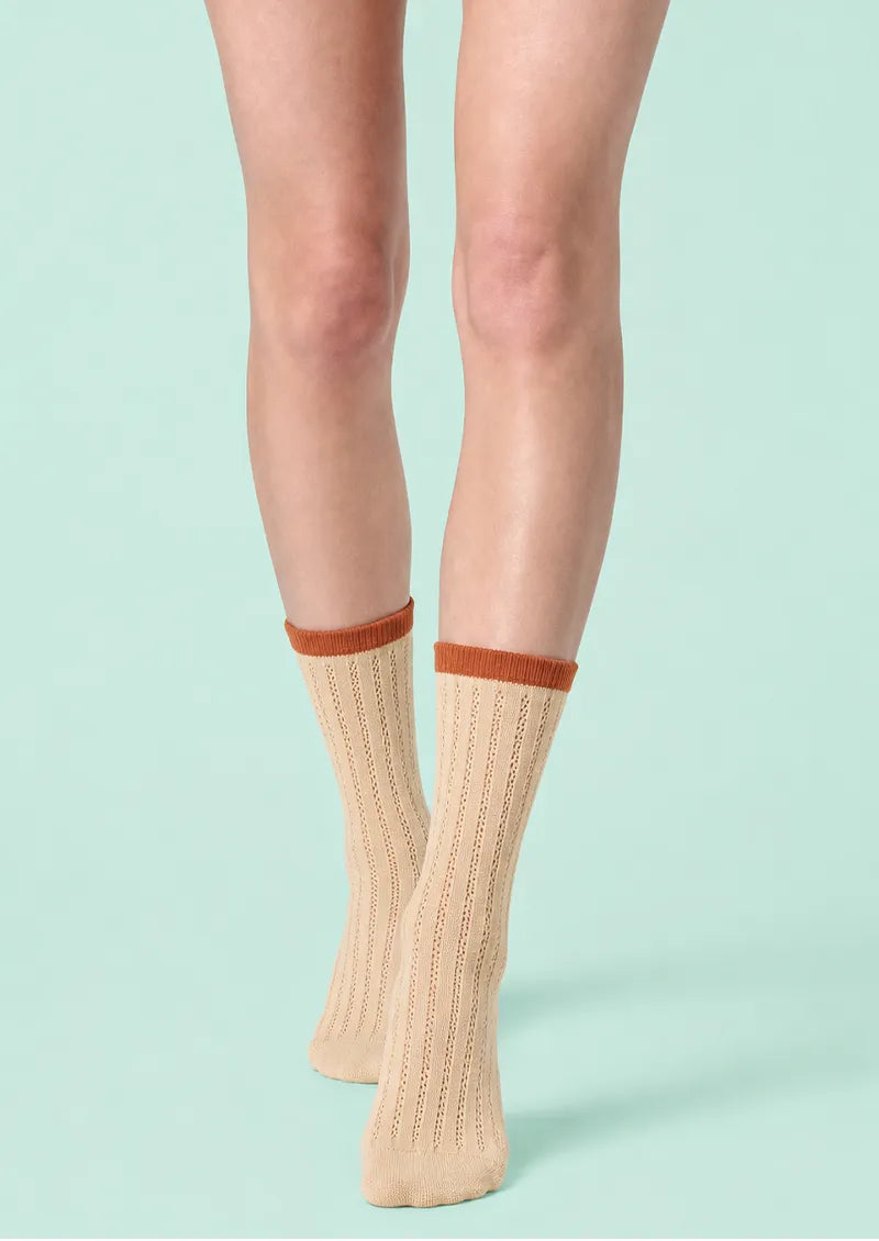 Beige printed Crew Socks with orange cuff and vertical openwork stripe pattern