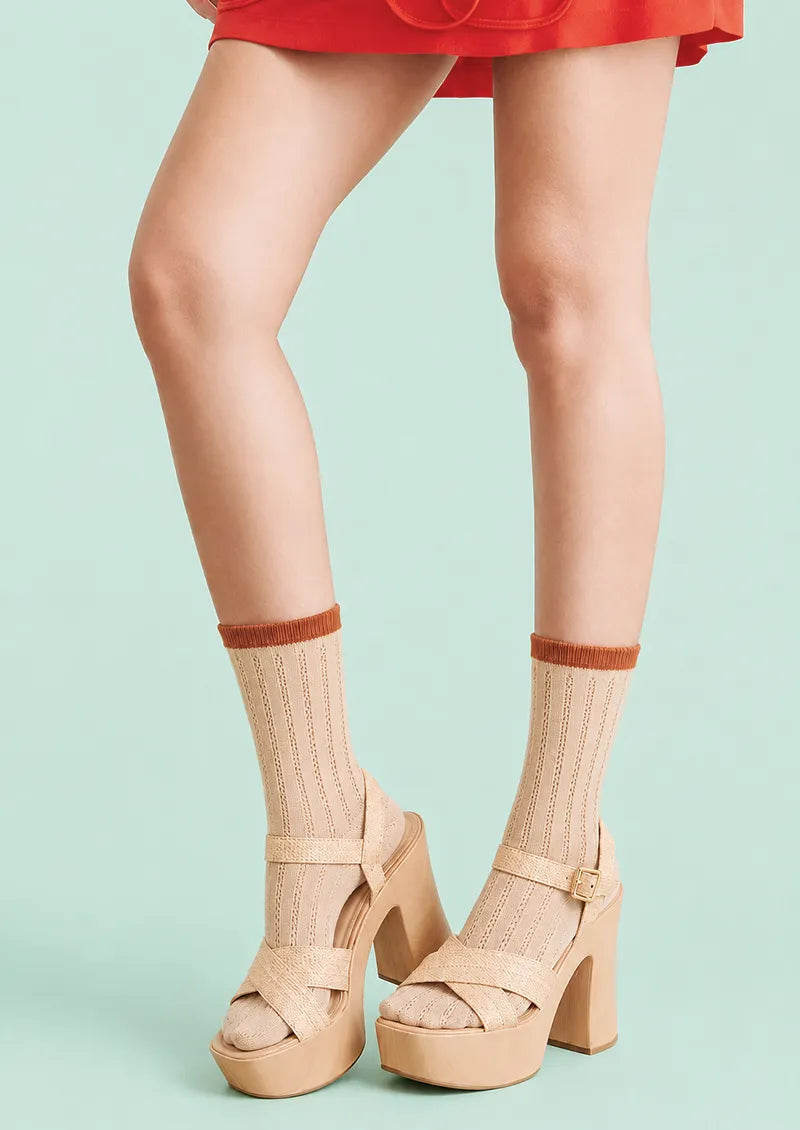 Beige Orange Cuff Ribbed Openwork Crew Socks
