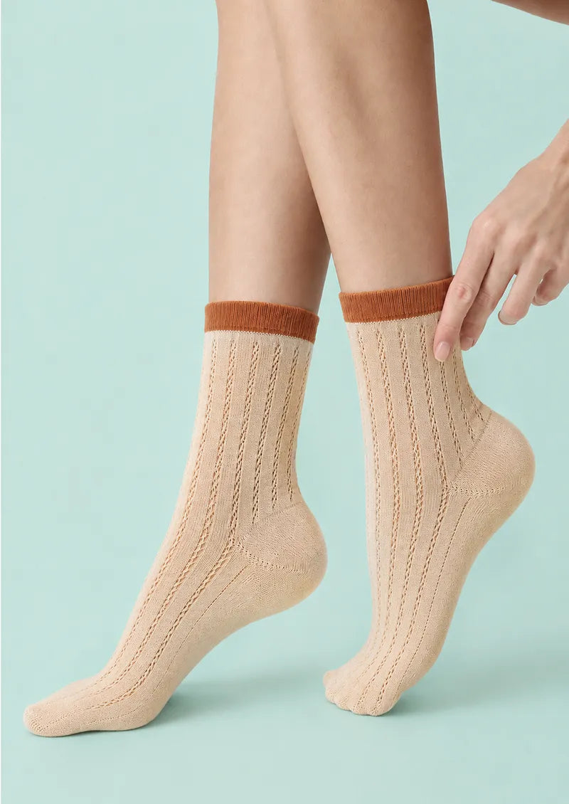 Beige Orange Cuff Ribbed Openwork Crew Socks
