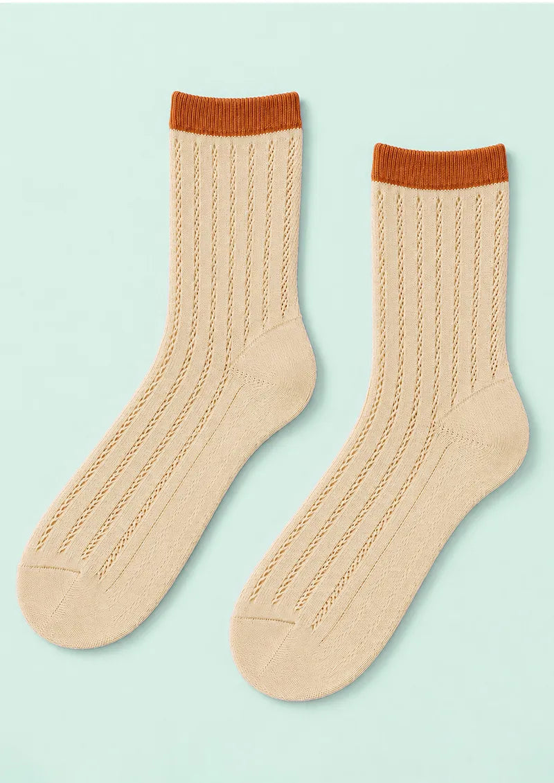 Beige Orange Cuff Ribbed Openwork Crew Socks