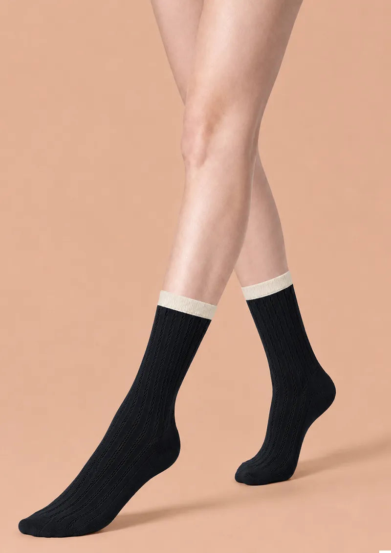 Black printed Crew Socks with ivory cuff and vertical openwork stripe pattern