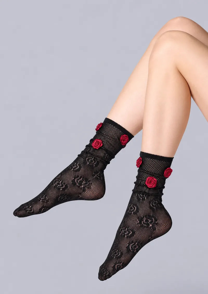 Gray White Rose Lace Crew Socks