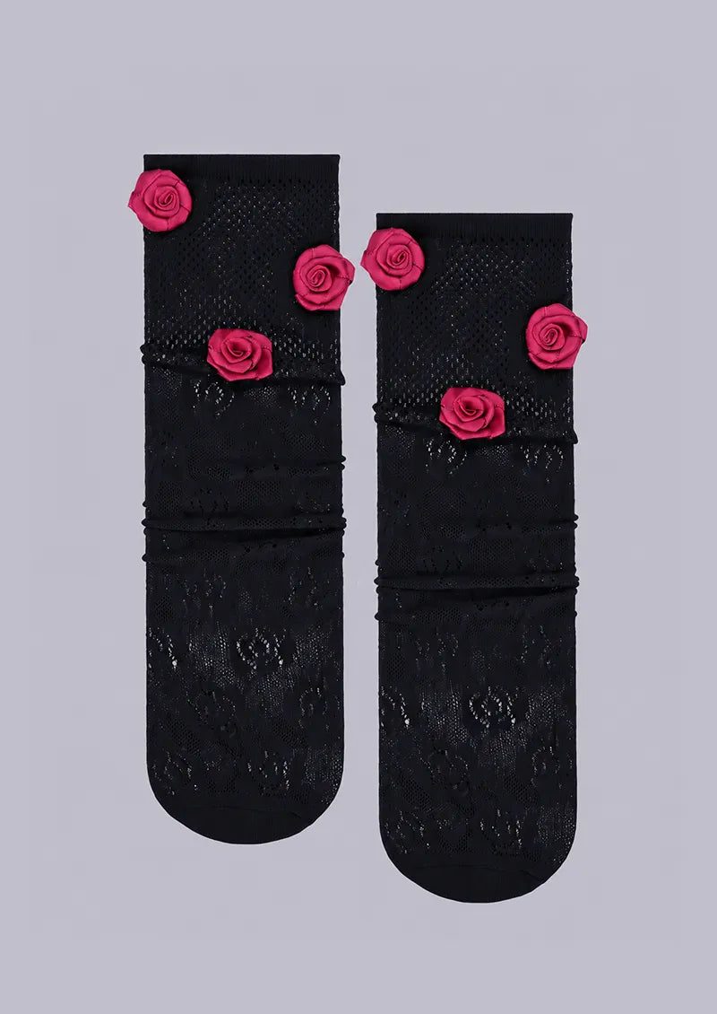 Gray White Rose Lace Crew Socks