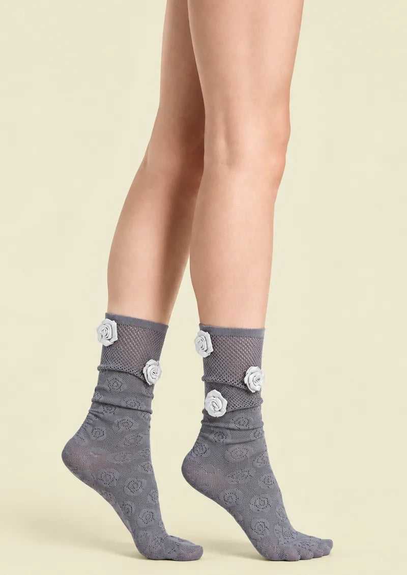 Gray White Rose Lace Crew Socks