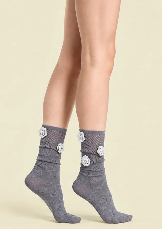 Gray White Rose Lace Crew Socks