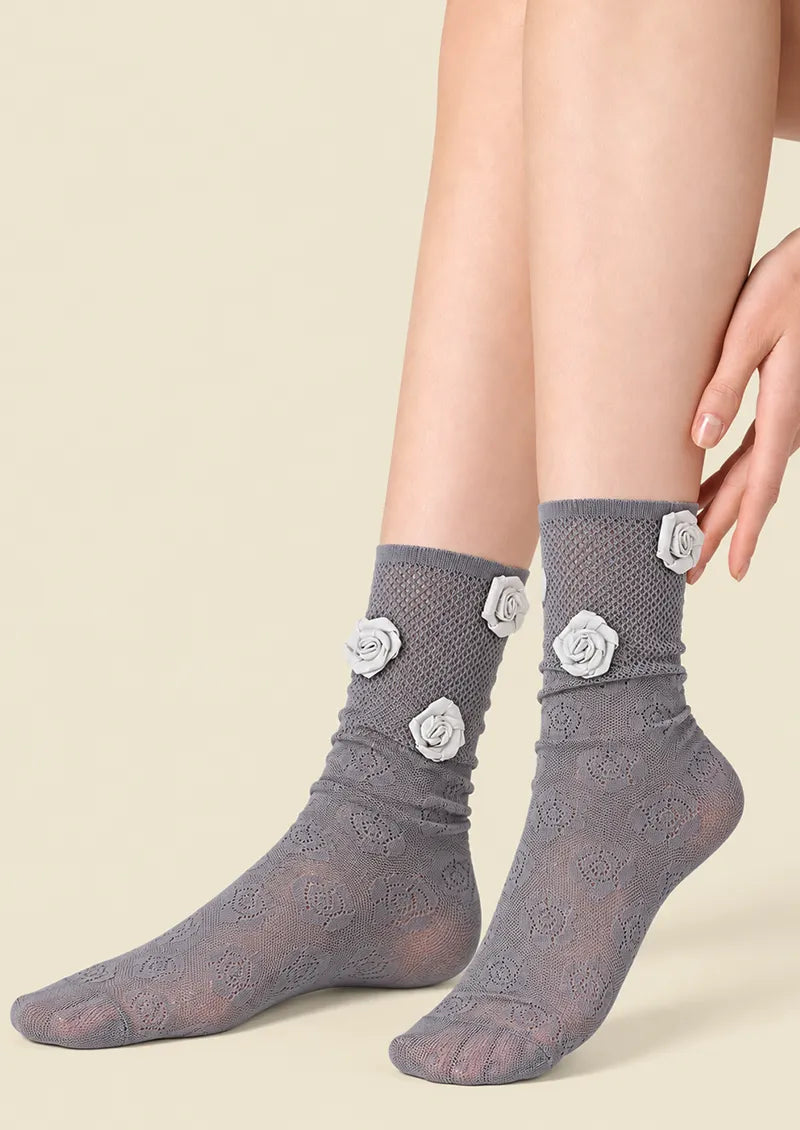 Gray White Rose Lace Crew Socks
