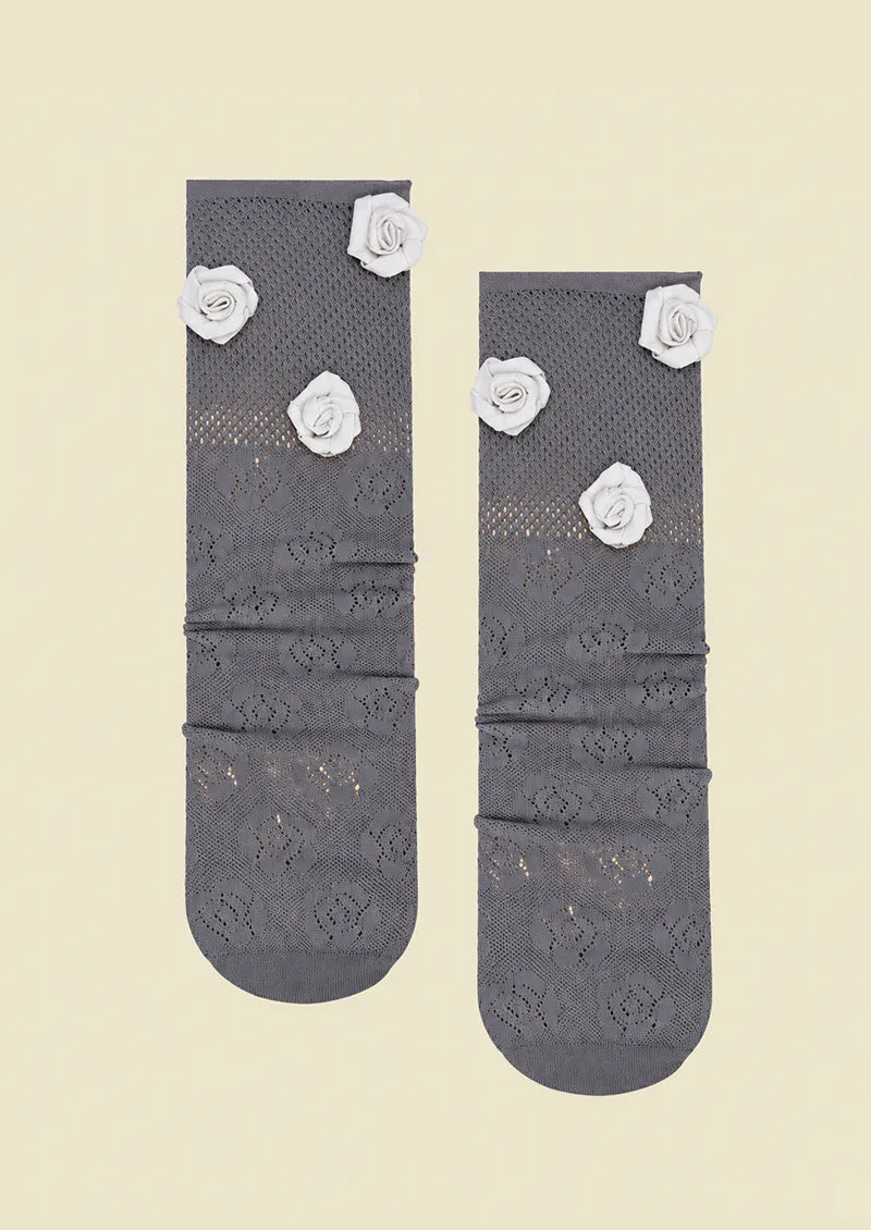 Gray White Rose Lace Crew Socks