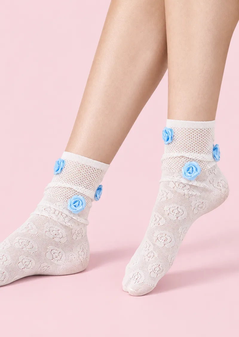 Gray White Rose Lace Crew Socks