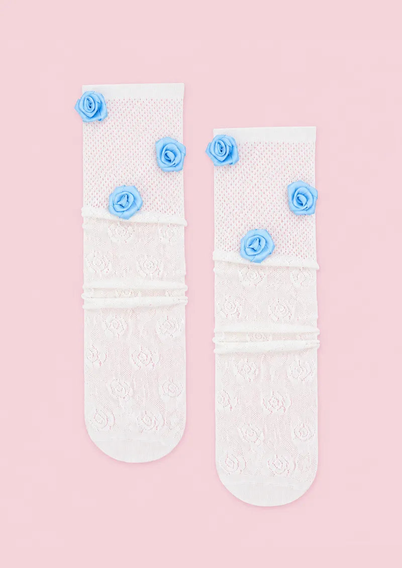 Gray White Rose Lace Crew Socks
