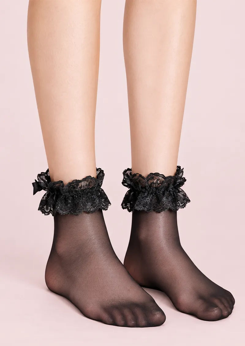 Black Sheer Lace Ruffle Low-Crew Socks