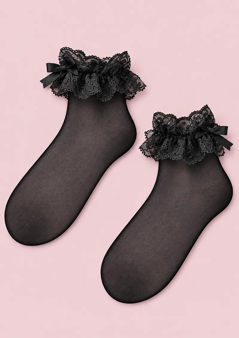 Black Sheer Lace Ruffle Low-Crew Socks