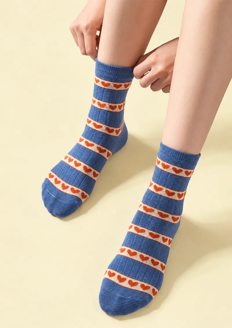 Blue Orange Heart Stripe Crew Socks