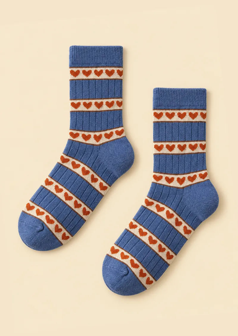 Blue Orange Heart Stripe Crew Socks