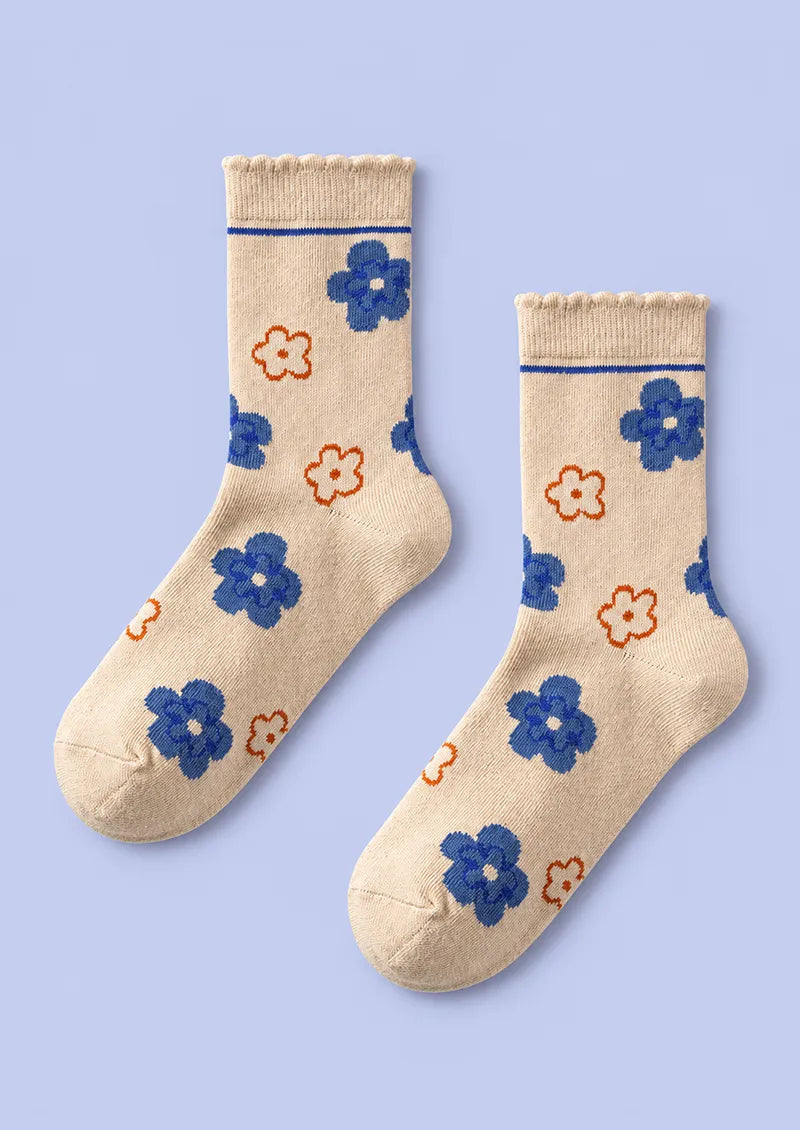 Ivory Blue Orange Floral Crew Socks