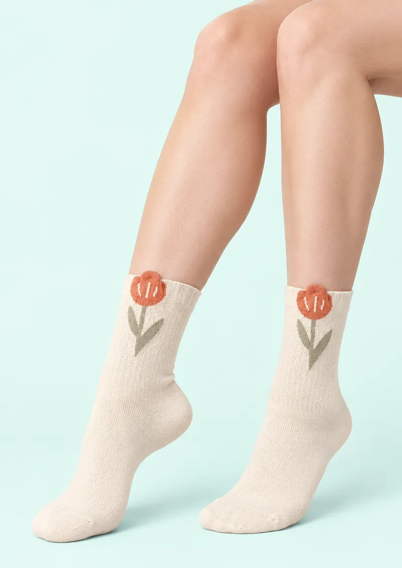 Ivory Orange Tulip Crew Socks
