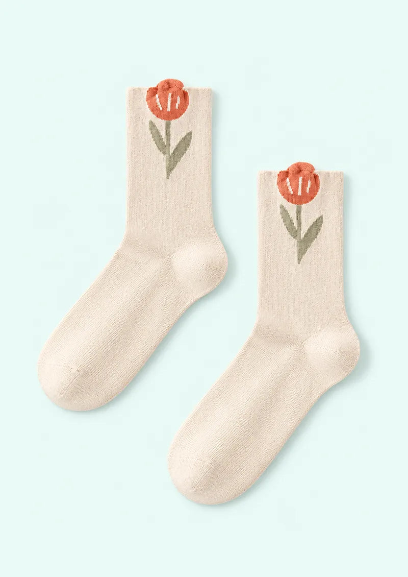 Ivory Orange Tulip Crew Socks