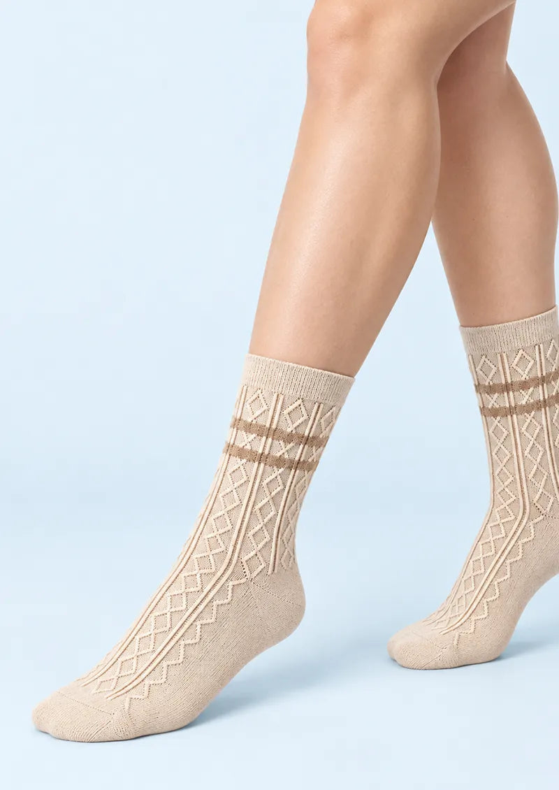 Beige Raised Diamond Ribbed Crew Socks