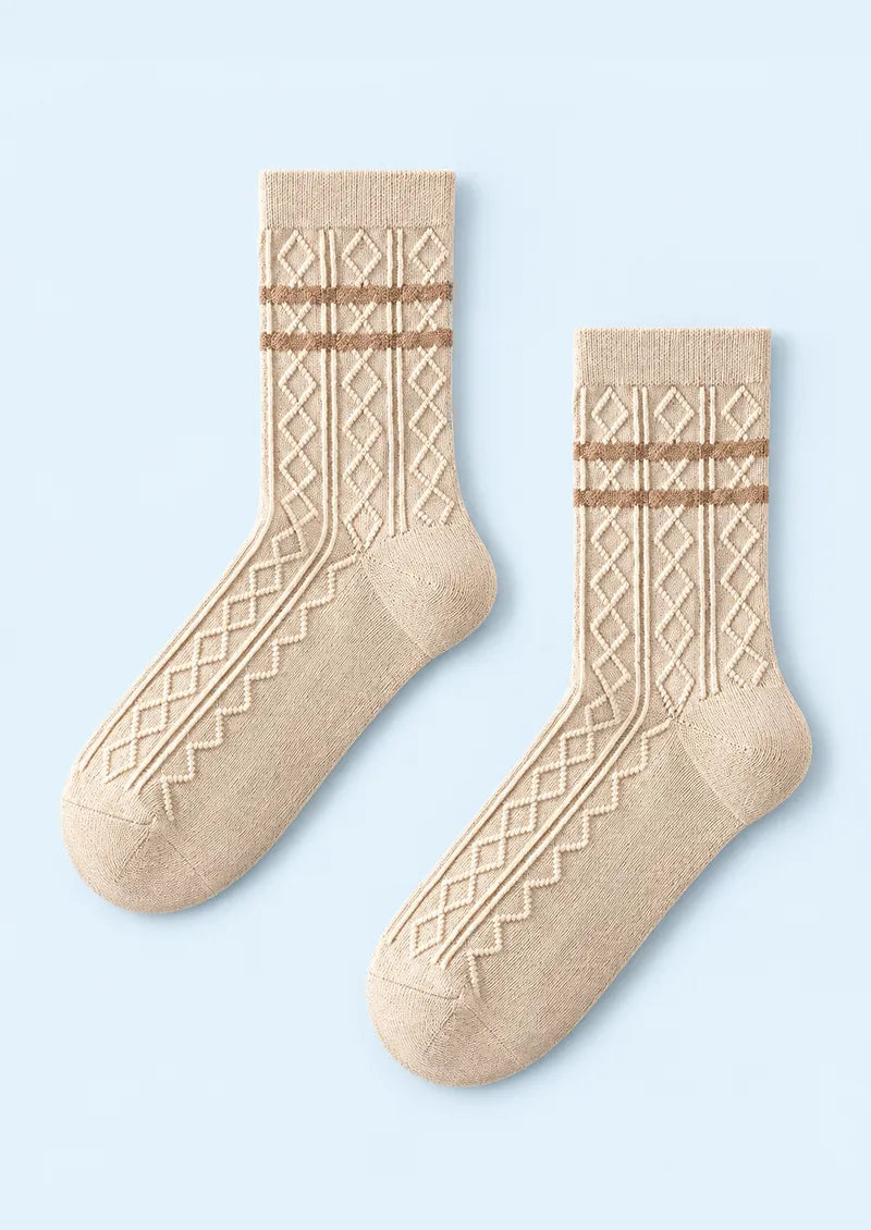 Beige Raised Diamond Ribbed Crew Socks