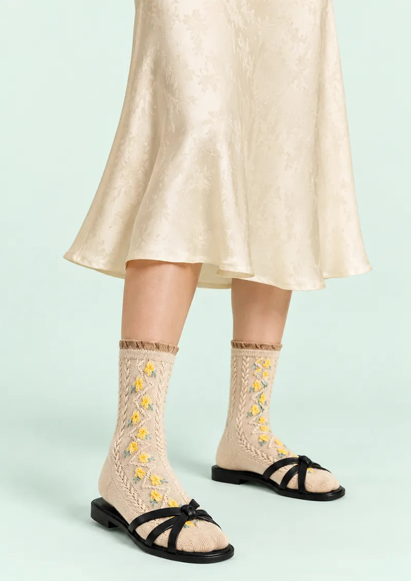 Beige Yellow Floral Openwork Crew Socks