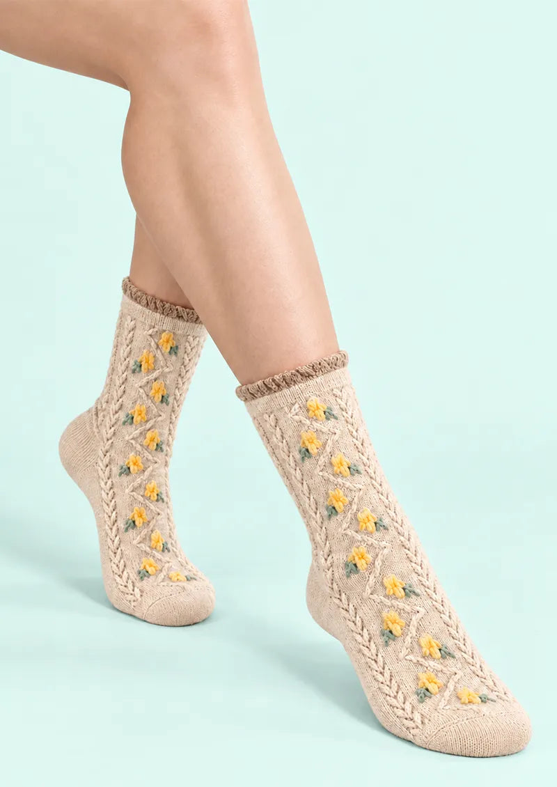 Beige Yellow Floral Openwork Crew Socks