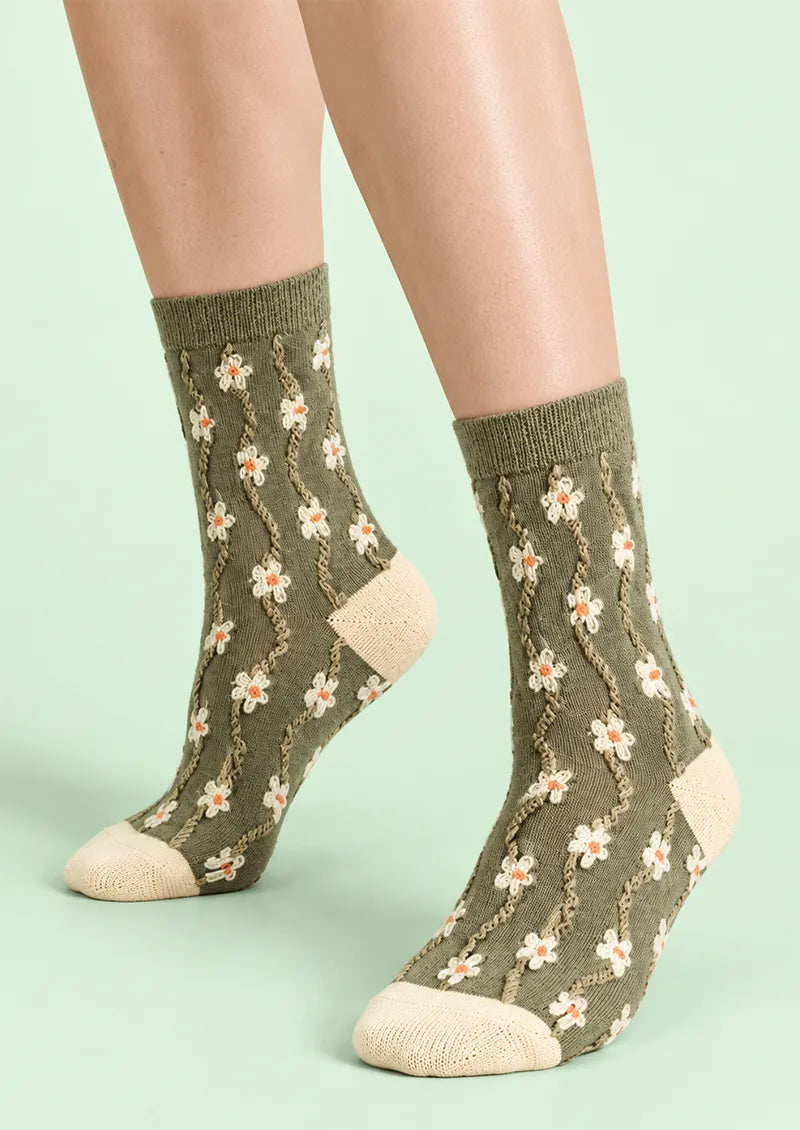 Green White Floral Crew Socks