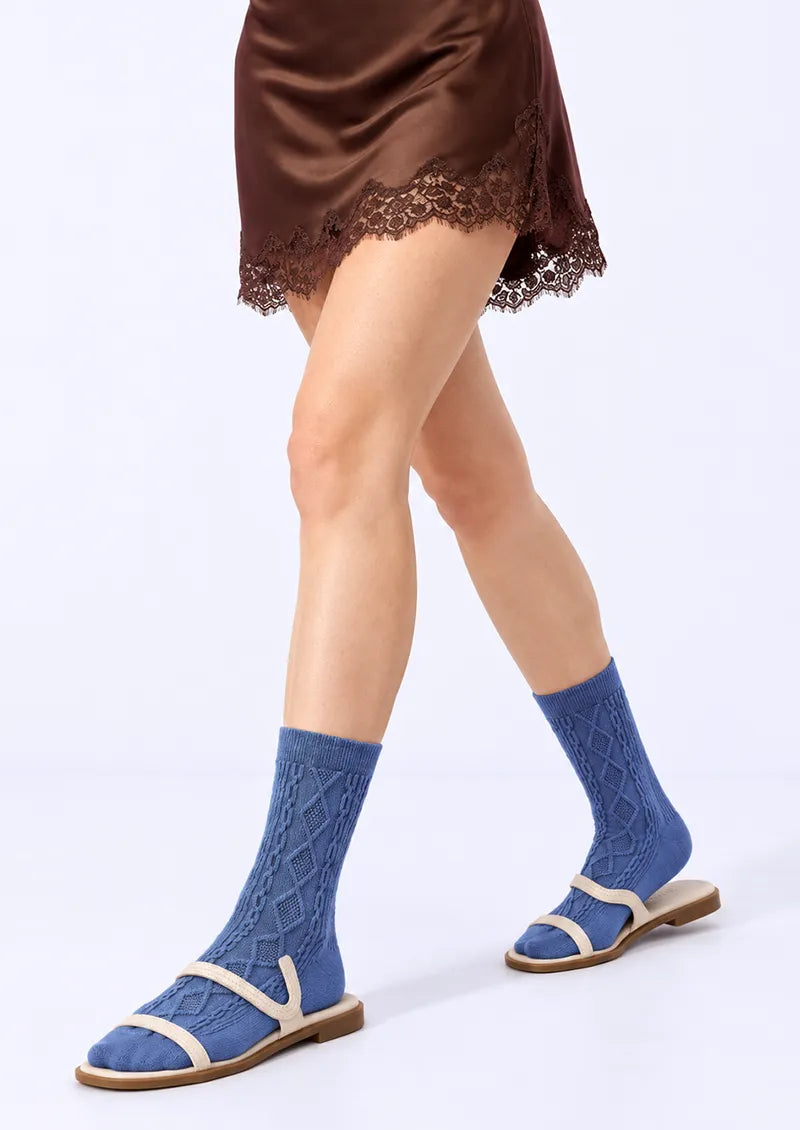 Blue Textured Diamond Crew Socks