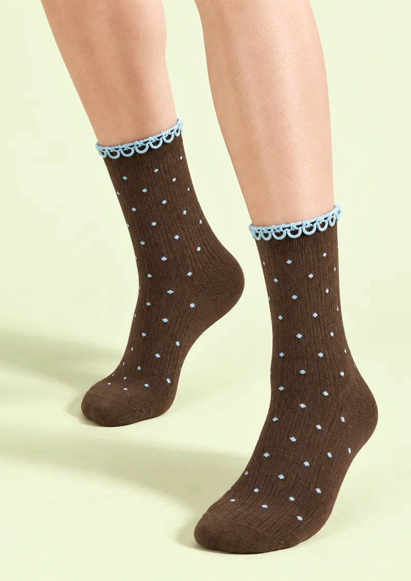 Gray Black Polka Dot Ribbed Crew Socks
