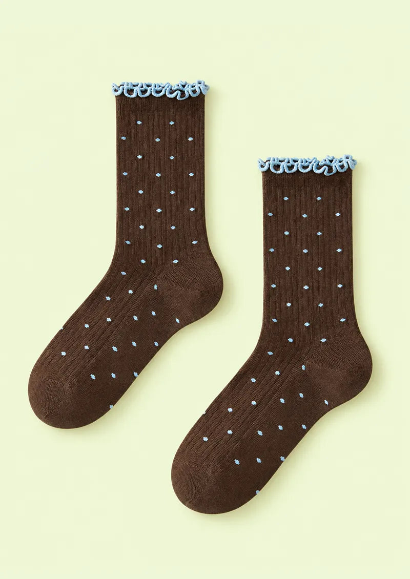 Gray Black Polka Dot Ribbed Crew Socks