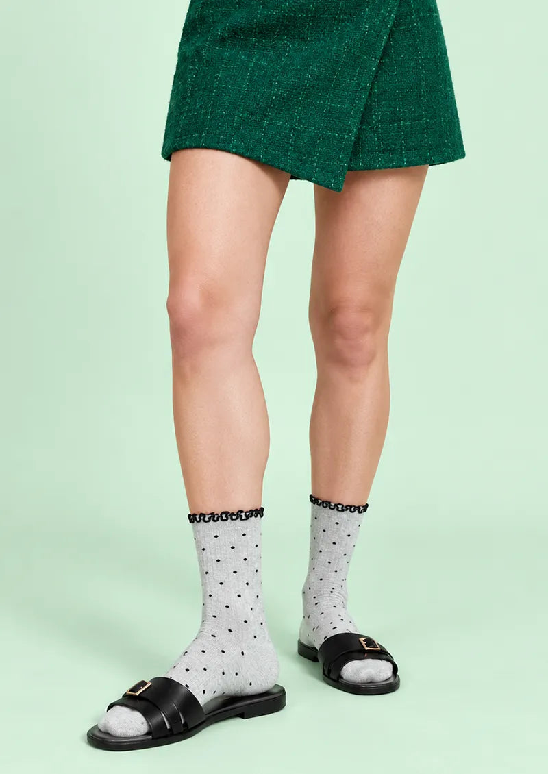 Gray Black Polka Dot Ribbed Crew Socks