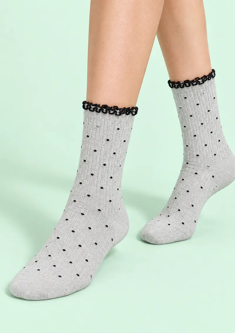 Gray Black Polka Dot Ribbed Crew Socks
