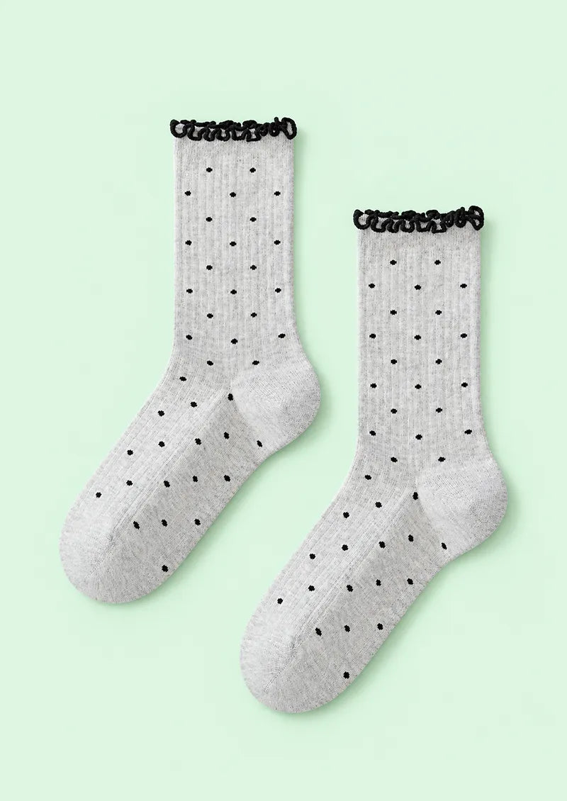 Gray Black Polka Dot Ribbed Crew Socks