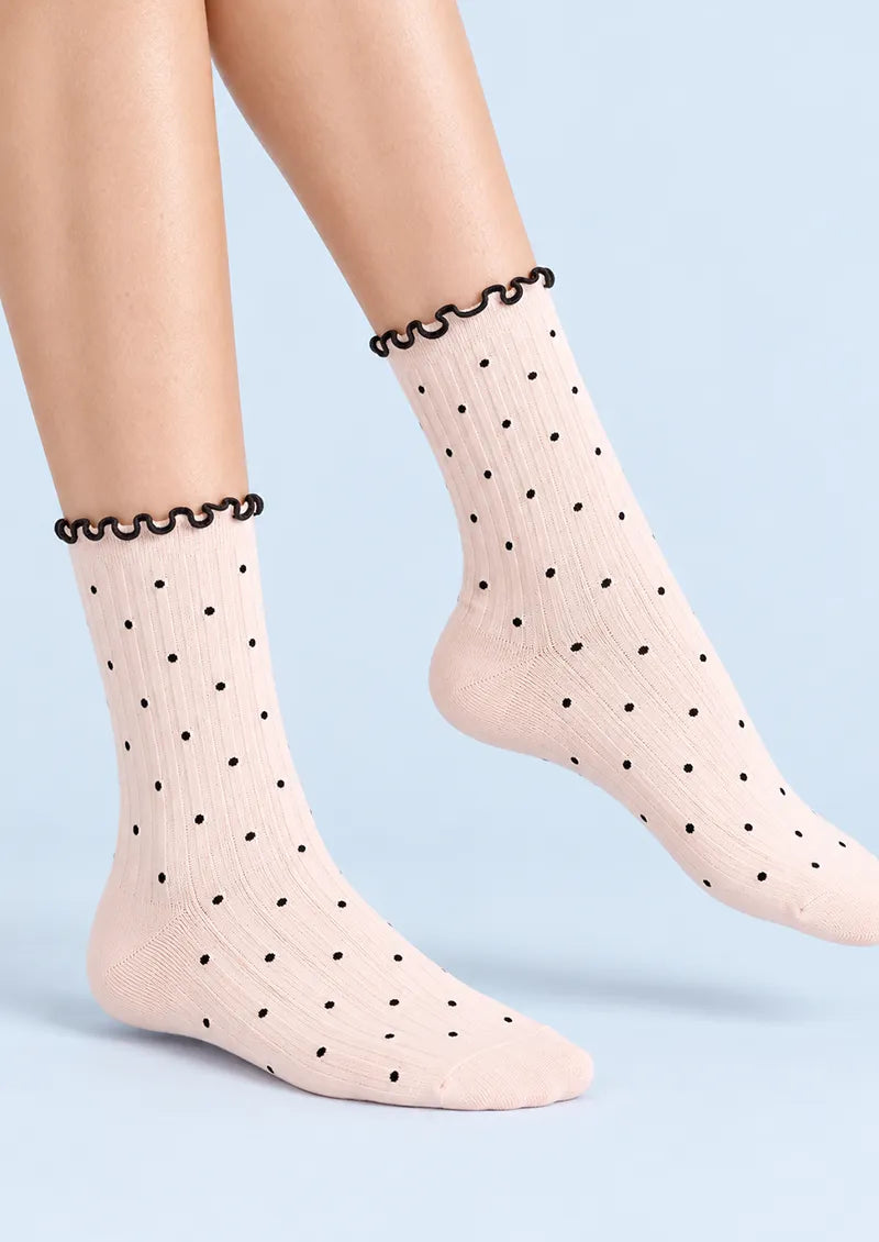 Gray Black Polka Dot Ribbed Crew Socks